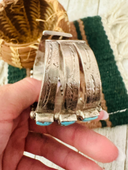Old Pawn Navajo Turquoise & Sterling Silver Cluster Cuff Bracelet
