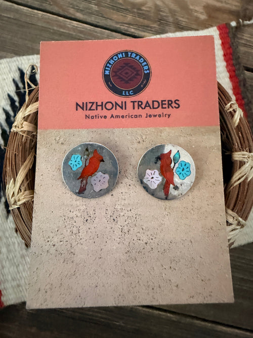 Old Pawn Handcrafted Sterling Silver & Multi Stone Inlay Cardinal Stud Earrings