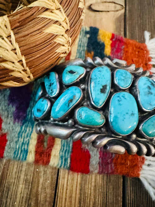 Handcrafted Old Pawn Sterling Silver & Turquoise Cluster Cuff Bracelet