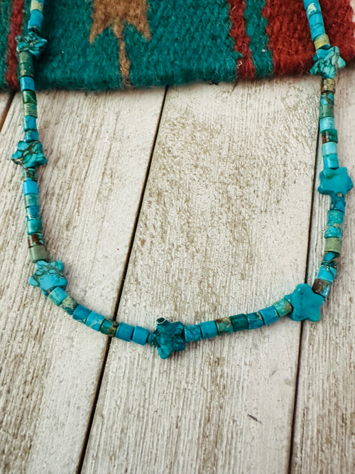 Navajo Turquoise & Sterling Silver 18” Beaded Star Necklace