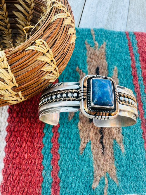 Handcrafted Old Pawn Sterling Silver & Lapis Cuff Bracelet by J. W. Toadlena