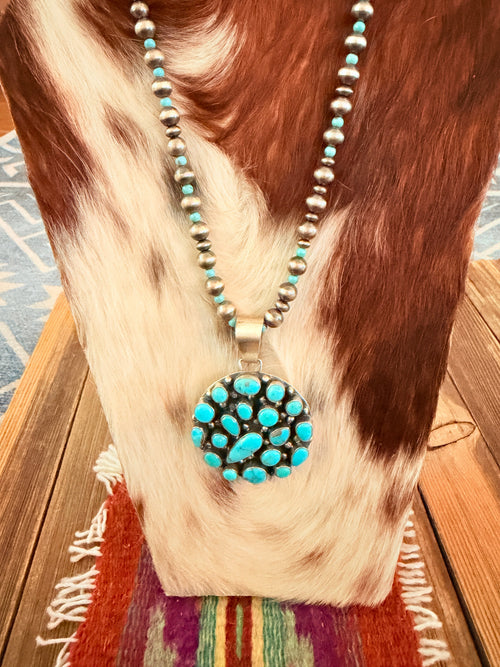Handcrafted Turquoise & Sterling Silver Cluster Beaded Necklace by Bobby Johnson
