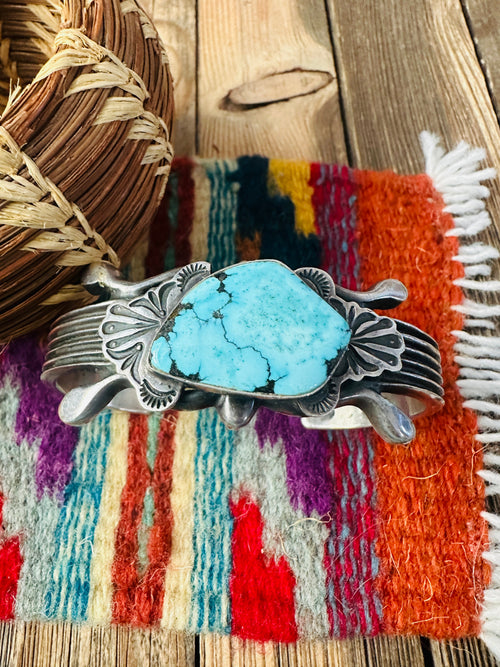 Handcrafted Old Pawn Turquoise & Sterling Silver Cuff Bracelet by Harold Becenti