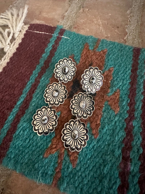 Handmade White Buffalo and Sterling Silver Concho Flower Dangle Earrings