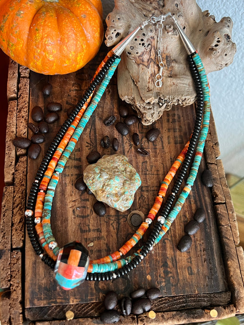 Daniel Coriz Triple Strand Spiny Oyster, Onyx and Turquoise Beaded Necklace w/ Removable Sterling Silver & Stone Inlay Bead