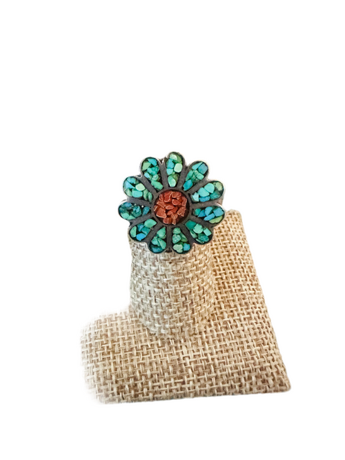 Old Pawn Navajo Sterling Silver, Turquoise & Coral Flower Ring Size 7.75