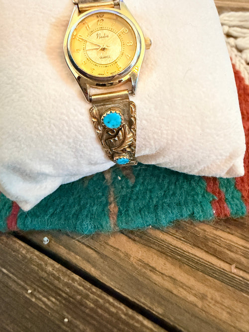 Handcrafted Old Pawn Turquoise & Sterling Silver 12K Gold Plated Watch Cuff