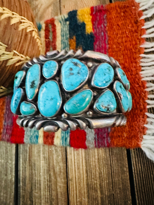 Handcrafted Old Pawn Sterling Silver & Turquoise Cluster Cuff Bracelet