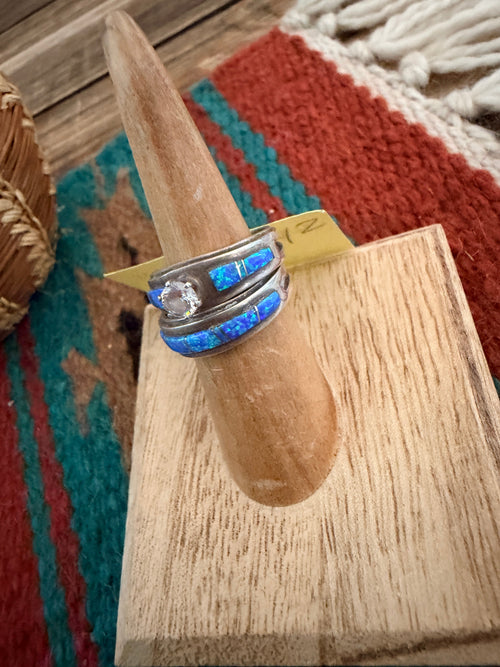 Old Pawn Handcrafted Opal, CZ & Sterling Silver Inlay Ring Set Size 7.25