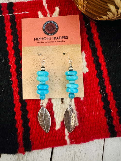 Navajo Turquoise & Sterling Silver Beaded Feather Earrings