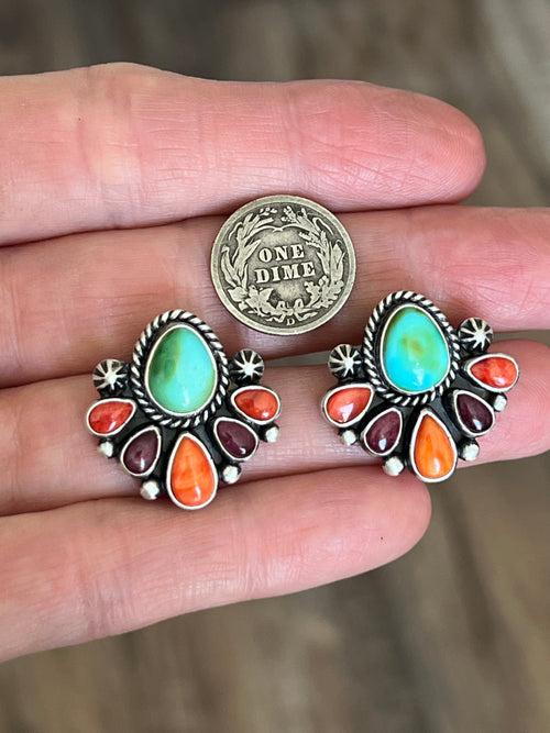 Navajo Made Sterling Silver Electric Rainbow Beaded Cluster Necklace & Earrings Set by Angela Martin
