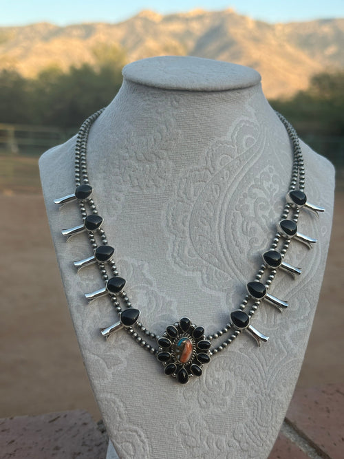 Handmade Sterling Silver, Onyx and Spice Mini Squash Necklace, Signed Nizhoni