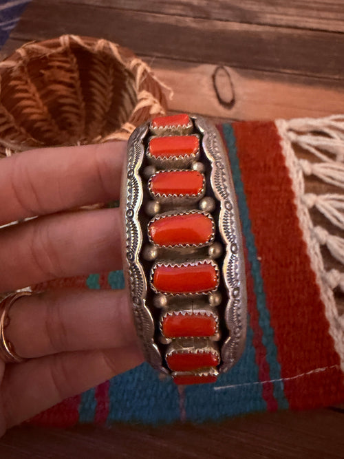 Handcrafted Old Pawn Sterling Silver & Coral Shadowbox Cuff Bracelet, Signed W.M.