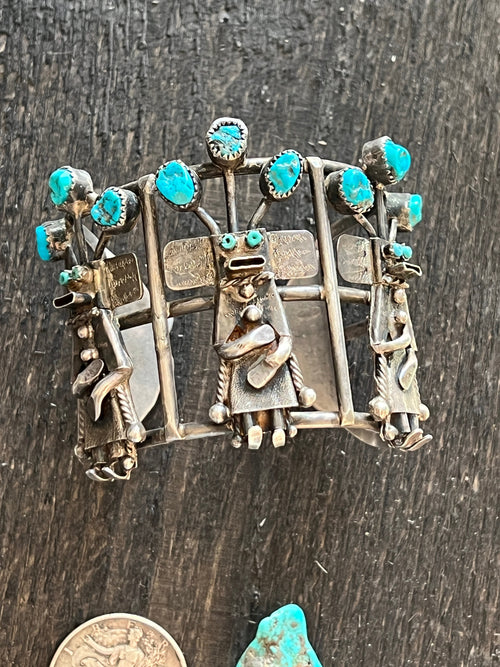 Amazing One of a Kind Antique Sterling Silver and Turquoise Yei Bi Chei Cuff Bracelet