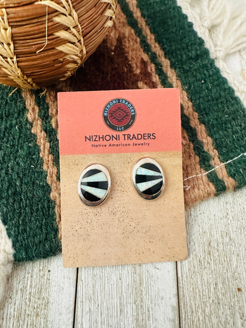 Old Pawn Navajo Sterling Silver, Onyx & Opal Inlay Post Earrings