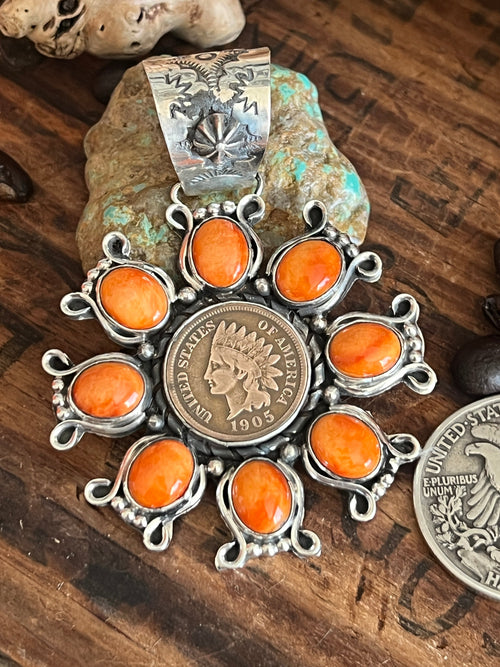 Apache Sterling Silver, Indian Head Penny and Spiny Oyster Shell Cluster Pendant by Rosella Paxson