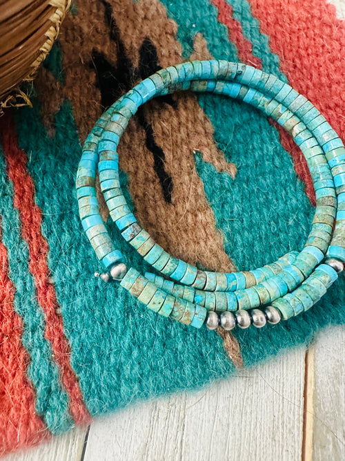 Navajo Turquoise & Sterling Silver Beaded Wrap Choker Necklace
