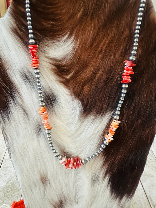 Navajo Sterling Silver & Spiny Oyster Beaded 20” Necklace