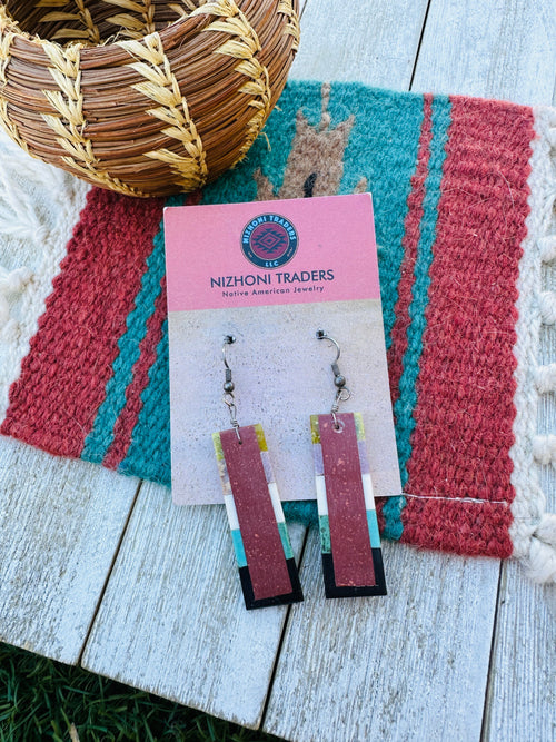 Handcrafted Old Pawn Multi Stone Inlay Dangle Earrings