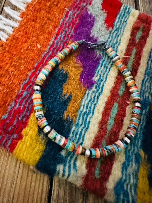 Handcrafted Turquoise, Spiny & Sterling Silver Pearl Beaded Bracelet 7.5”