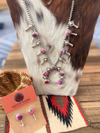 Handcrafted Pink Dream Mojave & Sterling Silver Squash Blossom Necklace and Earring Set
