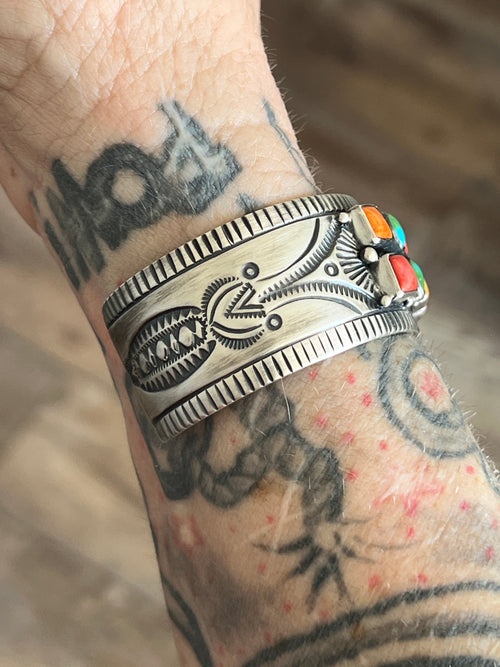 Navajo Electric Rainbow Turquoise and Spiny Oyster Cuff Bracelet by Bernyse Chavez
