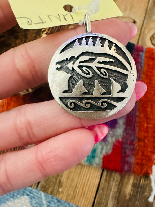 Old Pawn Handcrafted Sterling Silver Overlay Bear Pendant
