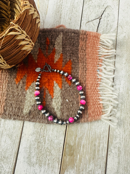 Navajo Pink Mojave and Sterling Silver Pearl Beaded Bracelet