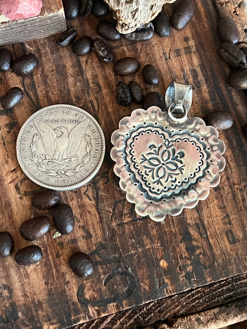 Hand Stamped Sterling Silver & Kingman Turquoise Heart Pendant by June Delgarito