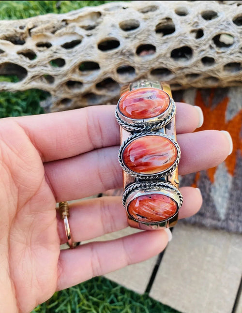 Navajo Orange Spiny, Copper and Sterling Silver Cuff Bracelet