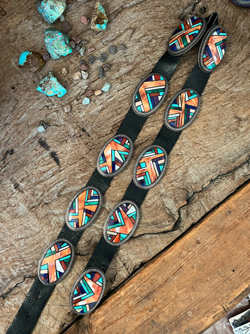 Phenomenal Old Pawn Handcrafted Sterling Silver and Multi Stone Inlay Concho Belt by Ray Jack
