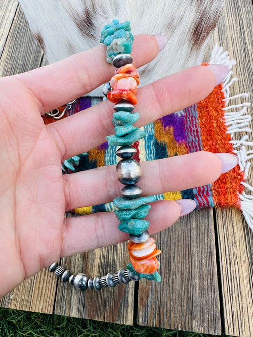 Handcrafted Turquoise, Spiny & Sterling Silver 24” Beaded Necklace by Chimney Butte