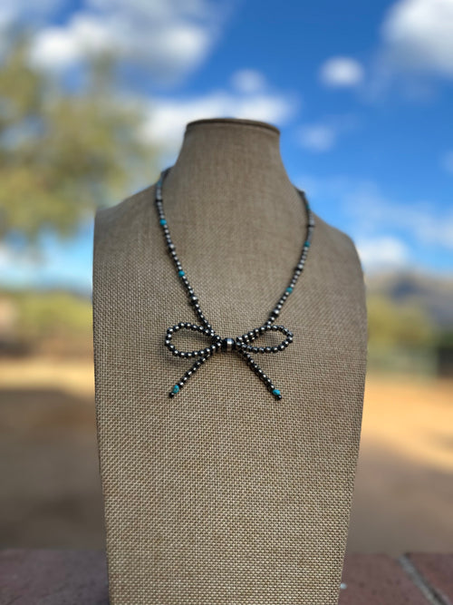 Handmade Sterling Silver & Turquoise Pearl Beaded 3-6 mm Bow Tie Necklace 16-18 inches