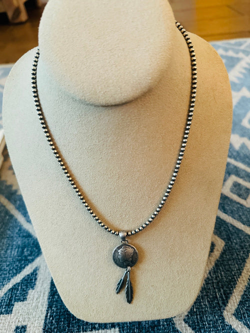 Navajo Sterling Silver Pearl Liberty Dime Feather Beaded Necklace