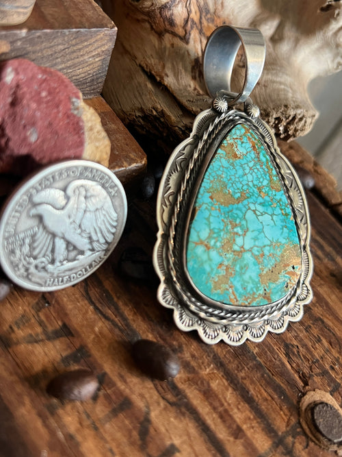 Hand Stamped Sterling Silver & Royston Turquoise Pendant by Kimari Somers