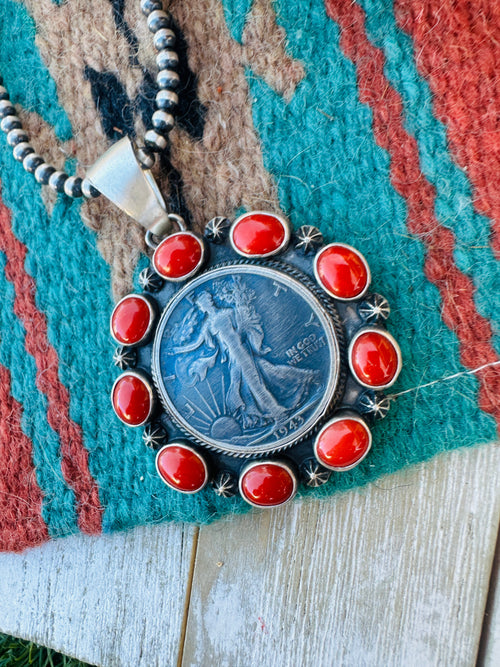 Handcrafted Sterling Silver and Coral Liberty Coin Pendant by Darrin Livingston