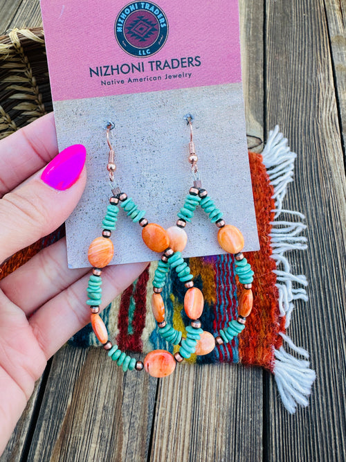 Handcrafted Spiny Oyster, Turquoise & Copper Beaded Dangle Hoop Earrings
