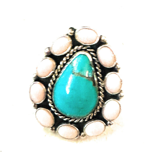 Navajo Sterling Silver, Queen Pink Conch & Turquoise Cluster Adjustable Ring