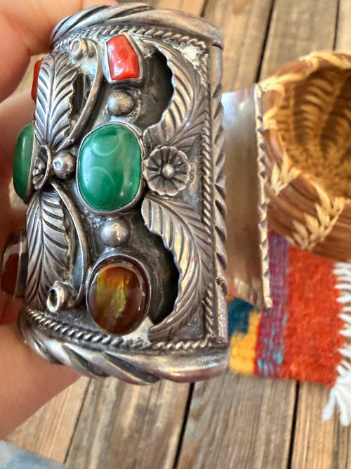 Handcrafted Old Pawn Sterling Silver & Multi Stone Cuff Bracelet