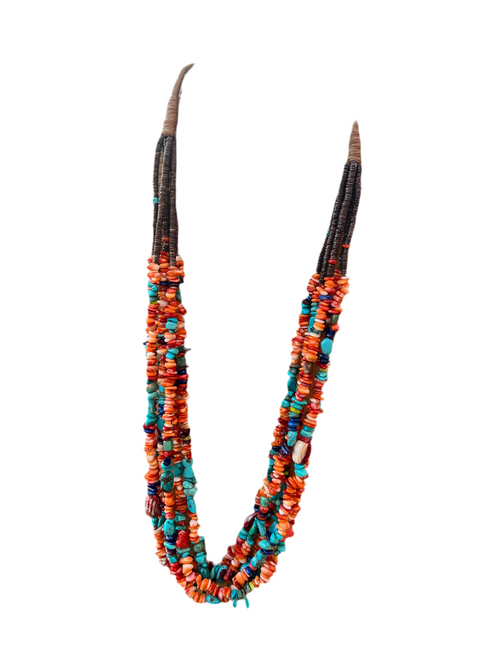Gorgeous Navajo Made Six Strand Spiny Oyster and Turquoise Beaded Squaw Wrap Necklace, No Tabs
