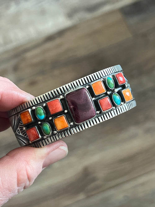 Navajo Electric Rainbow Turquoise and Spiny Oyster Cuff Bracelet by Bernyse Chavez