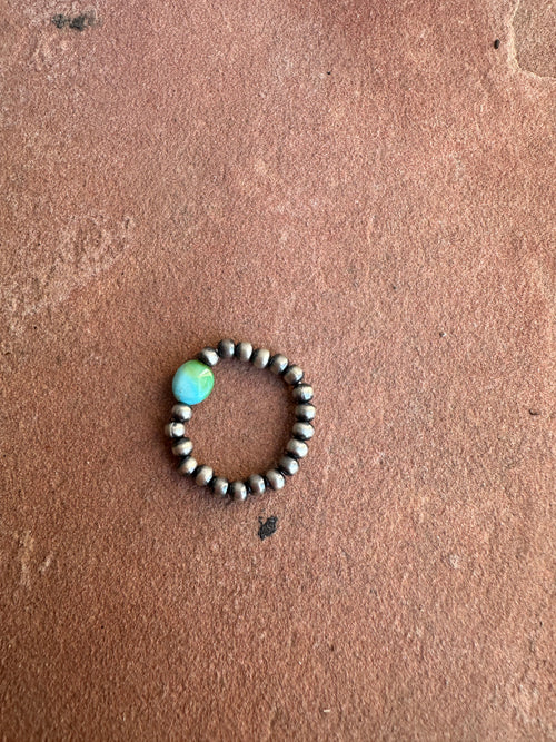 THE VENICE BAND Handmade Sterling Silver Navajo Pearl Style Sonoran Mountain Turquoise Beaded Stretch Ring