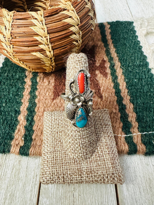 Old Pawn Handcrafted Turquoise, Coral & Sterling Silver Ring Size 6.5