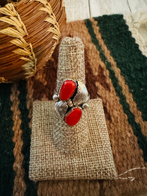 Old Pawn Handcrafted Coral & Sterling Silver Ring Size 8.5