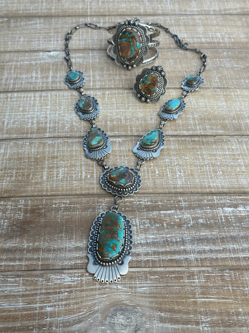 Charles Johnson Navajo Royston Turquoise & Sterling Silver Necklace, Bracelet and Ring  Set Signed