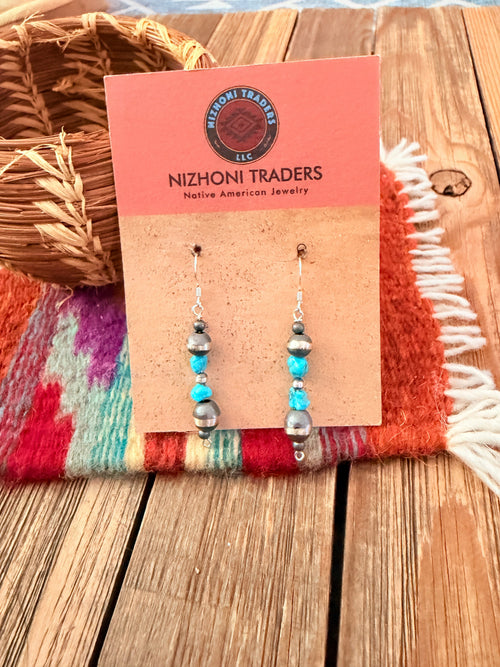 Handcrafted Turquoise & Sterling Silver Pearl Beaded Dangle Earrings