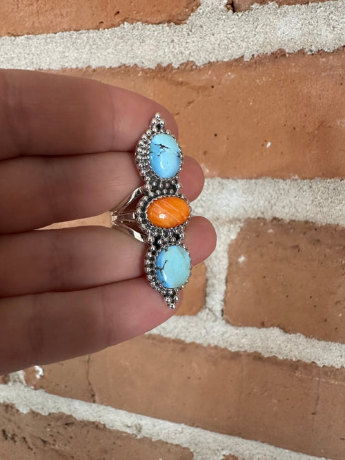 Nizhoni Handmade Golden Hills Turquoise, Orange Spiny & Sterling Silver 3 Stone Ring SIZE 9