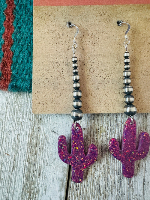 Summer Lovin’ Navajo Sterling Silver Pearl Beaded Opal Cactus Dangle Earrings