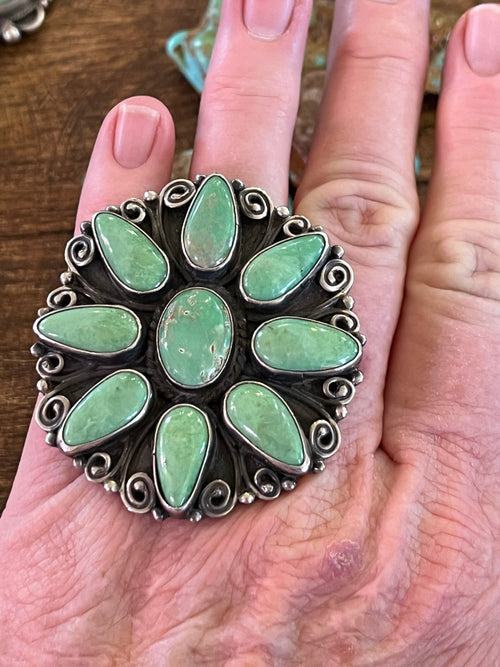 Old Pawn Verdy Jake Sterling Silver and Green Turquoise Cluster Ring, Adjustable