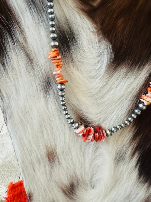 Navajo Sterling Silver & Spiny Oyster Beaded 20” Necklace